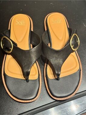 Sofft Black Leather Thong Sandals with Gold Buckle